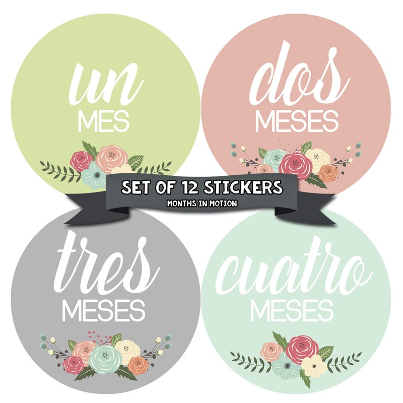 Months In Motion Spanish Espanol Monthly Baby Stickers 12 Month Milestone Sticker for Newborn Babies Shower Gift Photo Keepsake