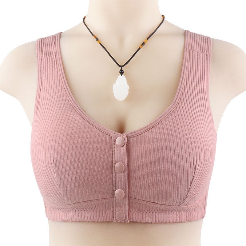 Front Buckle Shaped Cup New Large Size Middle-aged and Elderly Underwear Women's Printed Rim-free Wide Shoulder Strap Vest Bra 333S + Cotton Cup# bean paste color  - Image 1