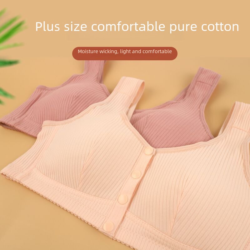 Front Buckle Shaped Cup New Large Size Middle-aged and Elderly Underwear Women's Printed Rim-free Wide Shoulder Strap Vest Bra 333S + Cotton Cup# bean paste color  - Image 4