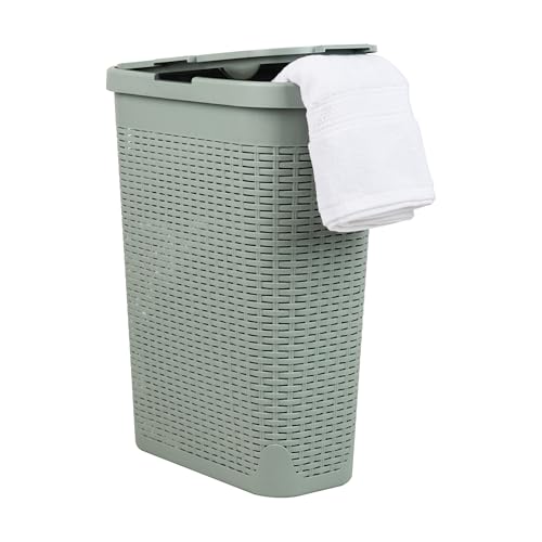 Mind Reader Slim Laundry Hamper with Lid, 40L Clothes Basket, Narrow Tapered Design with Ventilated Cutout Pattern, Plastic, Mint - Image 1