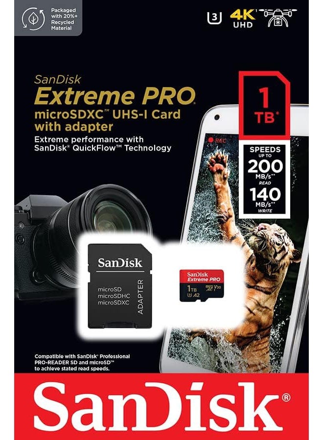 SanDisk 1TB Extreme PRO microSDXC card + SD adapter + RescuePRO Deluxe, up to 200MB/s, with A2 App Performance, UHS-I, Class 10, U3, V30,