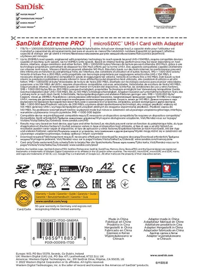 SanDisk 1TB Extreme PRO microSDXC card + SD adapter + RescuePRO Deluxe, up to 200MB/s, with A2 App Performance, UHS-I, Class 10, U3, V30,