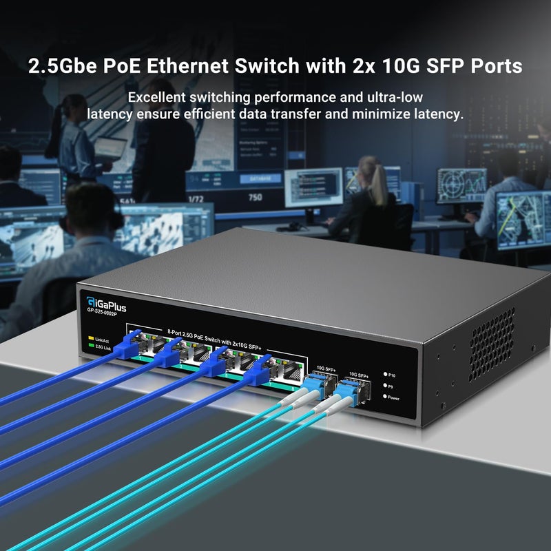 GigaPlus 10 Port 2.5Gb Unmanaged PoE Switch with 8*2.5G Base-T PoE Ports, 2*10G SFP+ Uplink, 802.3af/at (PoE+), 80Gbps Switching Capacity, GigaPlus 2.5G PoE Switch for 2.5Gb NAS/PC, WiFi6 Router, Wireless AP - Image 5