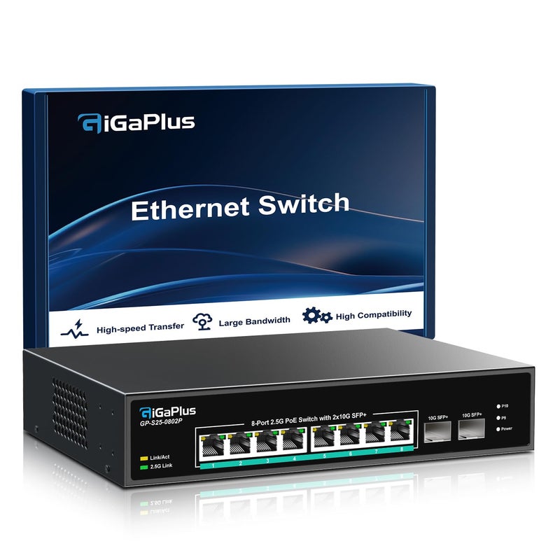 GigaPlus 10 Port 2.5Gb Unmanaged PoE Switch with 8*2.5G Base-T PoE Ports, 2*10G SFP+ Uplink, 802.3af/at (PoE+), 80Gbps Switching Capacity, GigaPlus 2.5G PoE Switch for 2.5Gb NAS/PC, WiFi6 Router, Wireless AP - Image 1