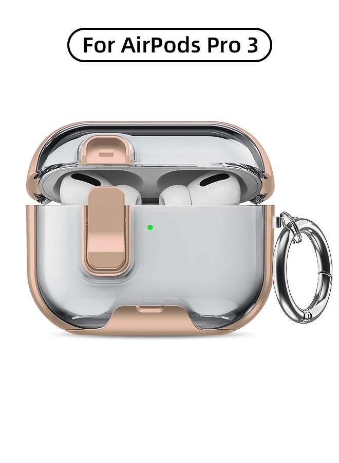 AirPods Pro 3 (2025) Transparent Locking Full Coverage Earphone Case, [All-Round Protection][Wireless&Wired Charging][Anti-Fall Safety Lock][Versatile Bracket Design] Earphone Drop Protection Cover with Anti-Lost Keychain for AirPods Pro 3, Rose Gold - Image 1