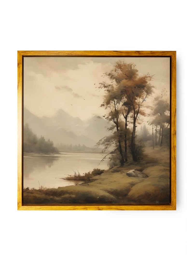 لوحة كانفاس على إطار خشبي بإطار خارجي باللون الخشبي وتصميم كلاسيكي لأشجار على البحيرة - Image 5