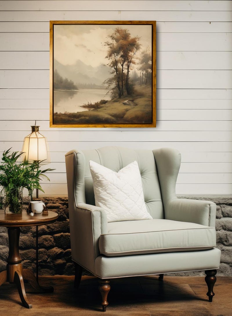 لوحة كانفاس على إطار خشبي بإطار خارجي باللون الخشبي وتصميم كلاسيكي لأشجار على البحيرة - Image 3