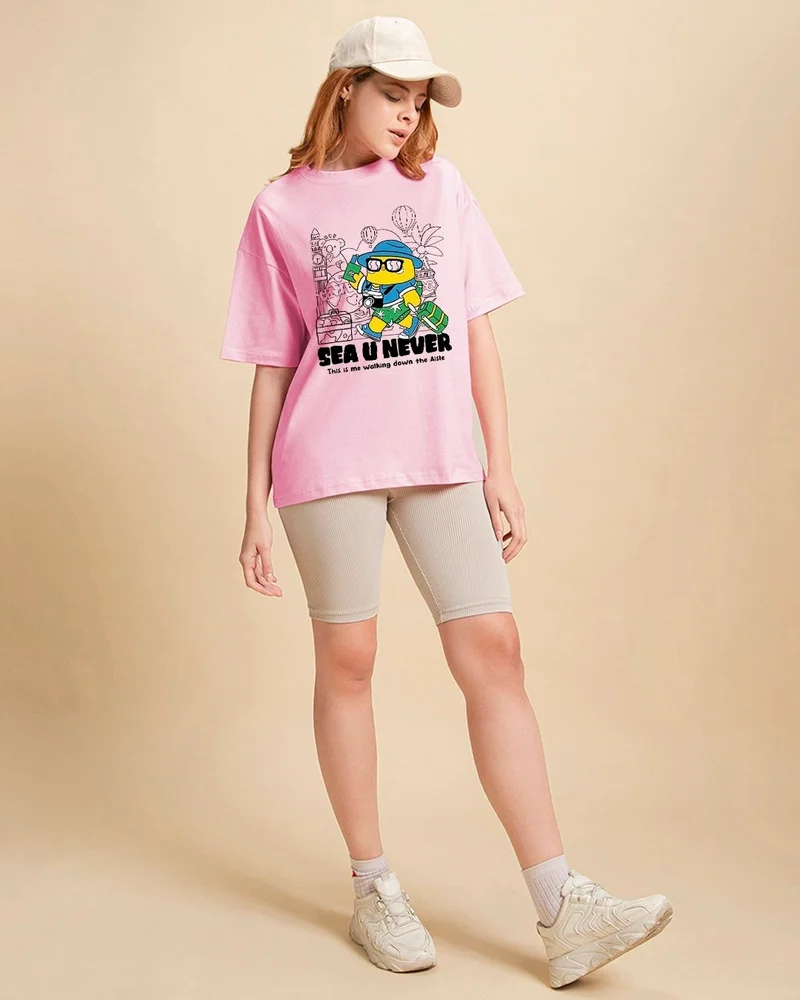 bewakoof Women's Pink Sea u Never Graphic Printed Oversized T-shirt