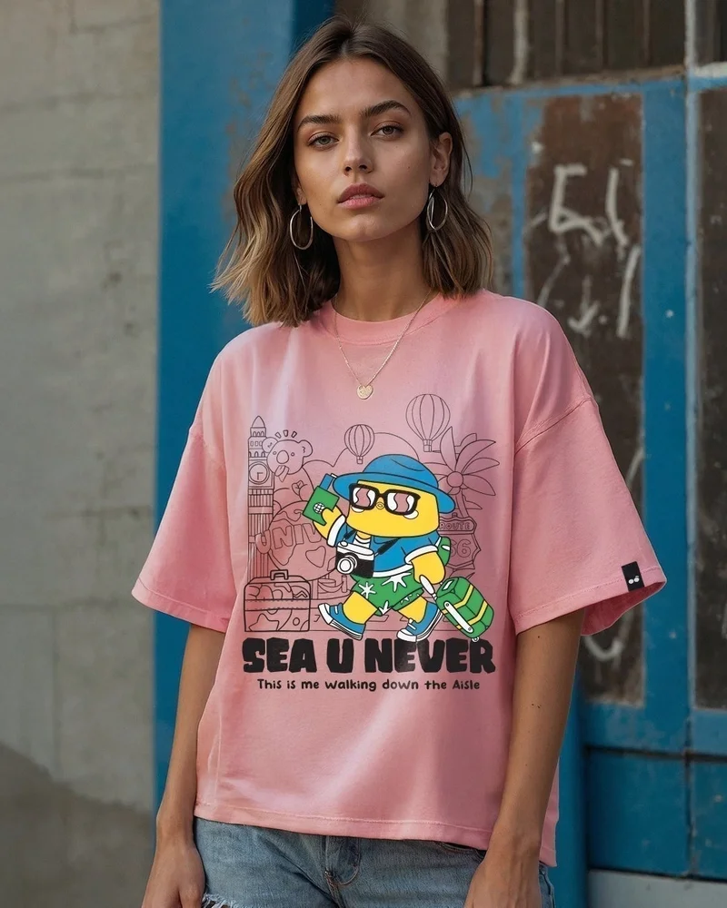 bewakoof Women's Pink Sea u Never Graphic Printed Oversized T-shirt