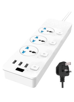 Generic Extension Lead Cord, 2 Meter Power Strip Plug Adapter with 3 Way Power Extension Cord 3 USB Ports Cable Surge Protector (T11,White) 