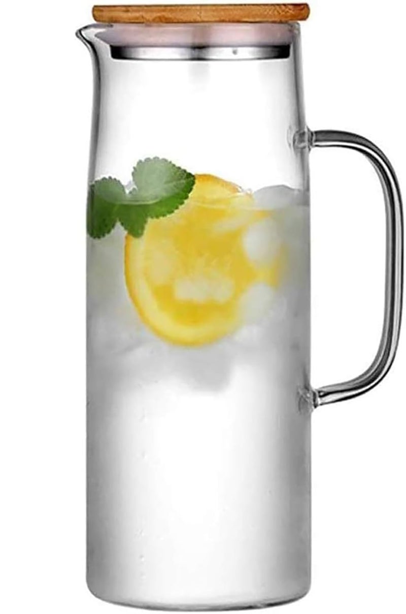 TIENER Borosilicate Glass 1 LTR Water Jug with Handle, Juice Beverage Carafe with Bamboo Lid, Big Glass Iced Tea Pitcher, 1 Pcs Set (Borosilicate 1 Liter Stright) - Image 1