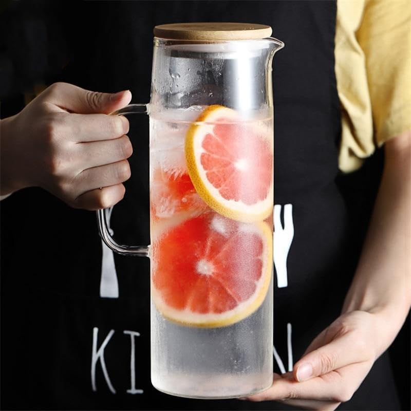 TIENER Borosilicate Glass 1 LTR Water Jug with Handle, Juice Beverage Carafe with Bamboo Lid, Big Glass Iced Tea Pitcher, 1 Pcs Set (Borosilicate 1 Liter Stright) - Image 2