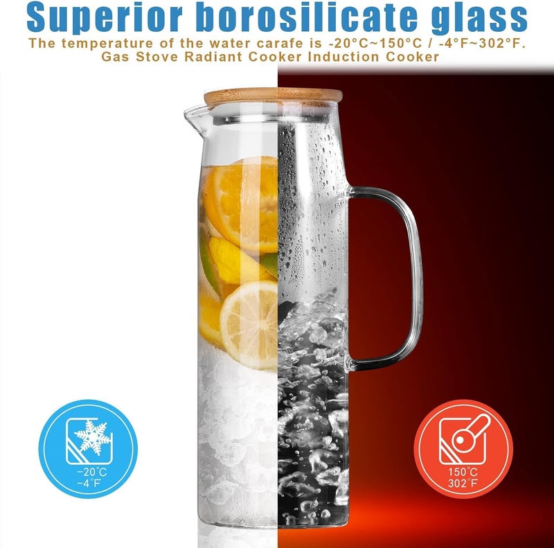 TIENER Borosilicate Glass 1 LTR Water Jug with Handle, Juice Beverage Carafe with Bamboo Lid, Big Glass Iced Tea Pitcher, 1 Pcs Set (Borosilicate 1 Liter Stright) - Image 5