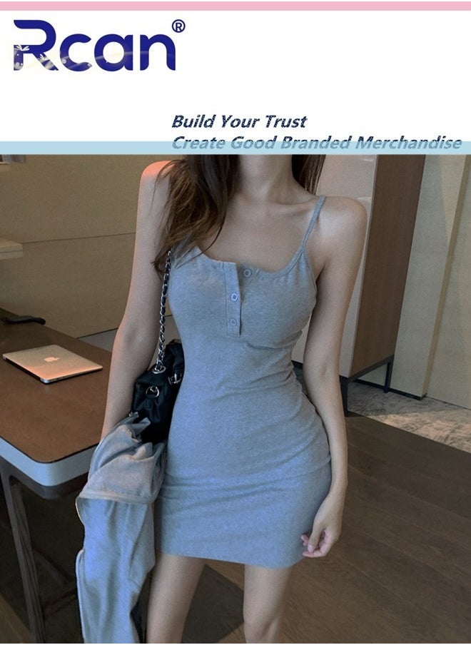 Rcan - Cotton Tight Backless Suspender Dress Women's Babydoll Sleeveless Buttoned Short Elastic Suspender Bottoming Dress Women's Home Soft Nightgown Large Size - Image 1