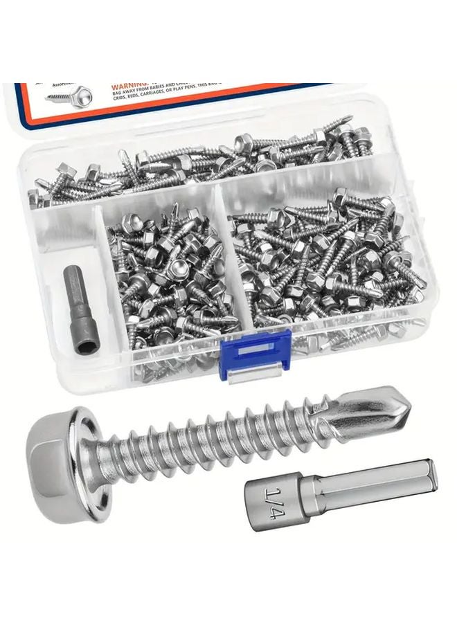 410 Stainless Steel Hex Washer Head Self Drilling Screws Kit 200pcs 8 Model 3 Lengths - Image 2