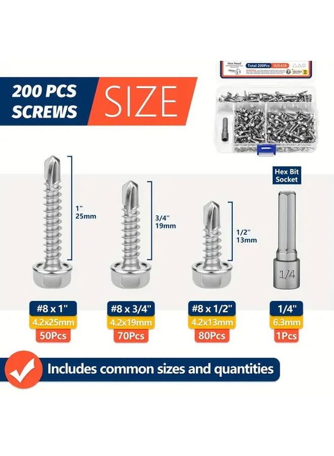 410 Stainless Steel Hex Washer Head Self Drilling Screws Kit 200pcs 8 Model 3 Lengths - Image 3