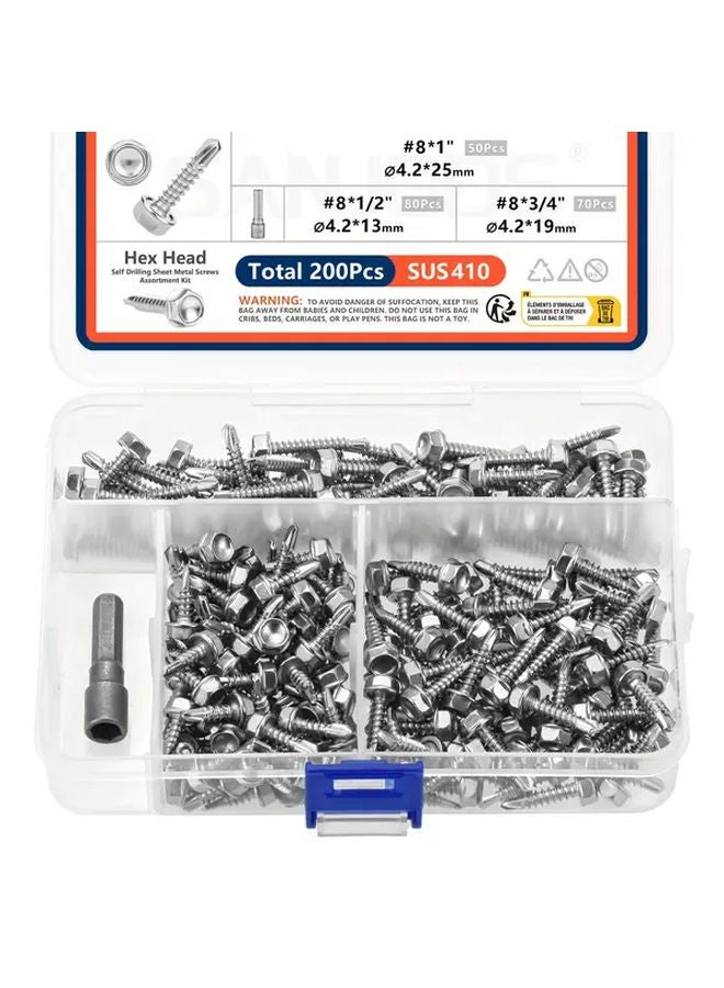 410 Stainless Steel Hex Washer Head Self Drilling Screws Kit 200pcs 8 Model 3 Lengths - Image 1