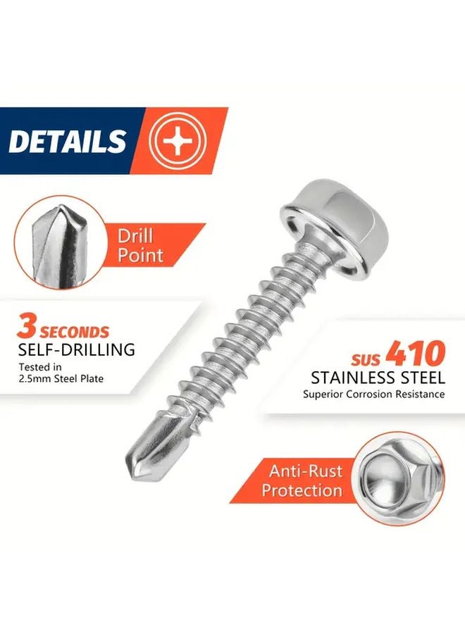 410 Stainless Steel Hex Washer Head Self Drilling Screws Kit 200pcs 8 Model 3 Lengths - Image 4