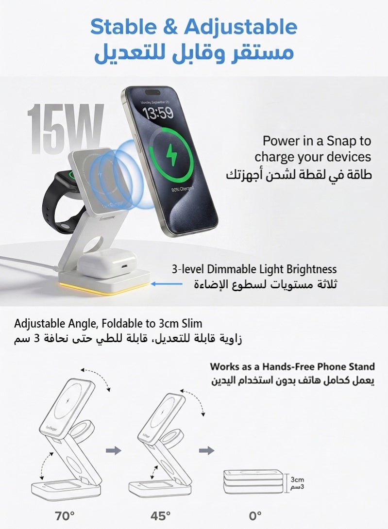 ZAFRA 3 in 1 Wireless Charger for Apple, Foldable Wireless Charging Station for Multiple Devices, Travel Charger Stand for Magsafe Portable, Strong Magnetic Attraction, Adjustable Angle for iPhone 17/16/15/14/13, Apple Watch, AirPods - Image 4
