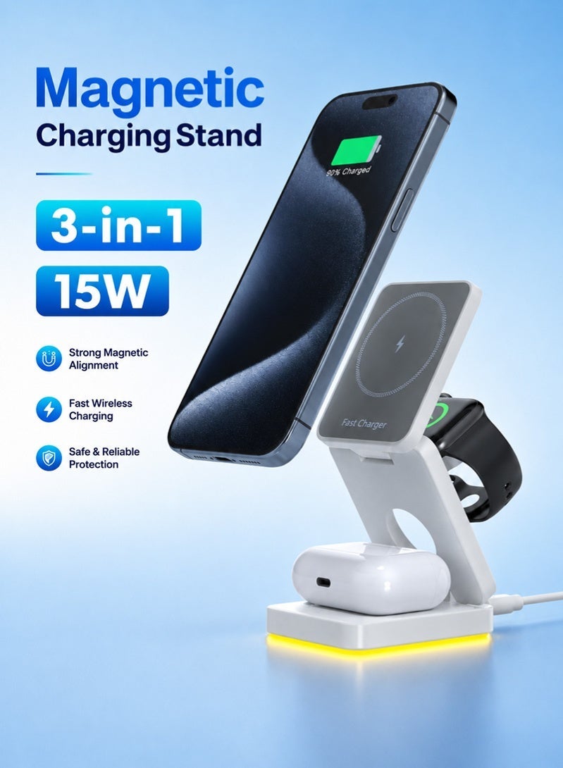 ZAFRA 3 in 1 Wireless Charger for Apple, Foldable Wireless Charging Station for Multiple Devices, Travel Charger Stand for Magsafe Portable, Strong Magnetic Attraction, Adjustable Angle for iPhone 17/16/15/14/13, Apple Watch, AirPods - Image 1
