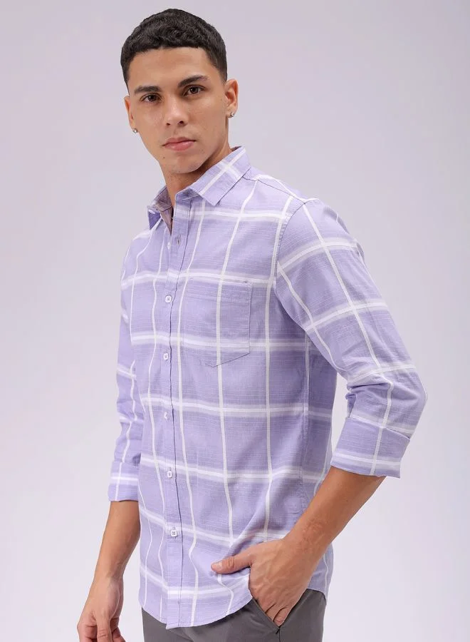 شركة المرآب الهندية Men Slim Fit Textured Checkered Full Sleeves Cutaway Collar Casual Shirt