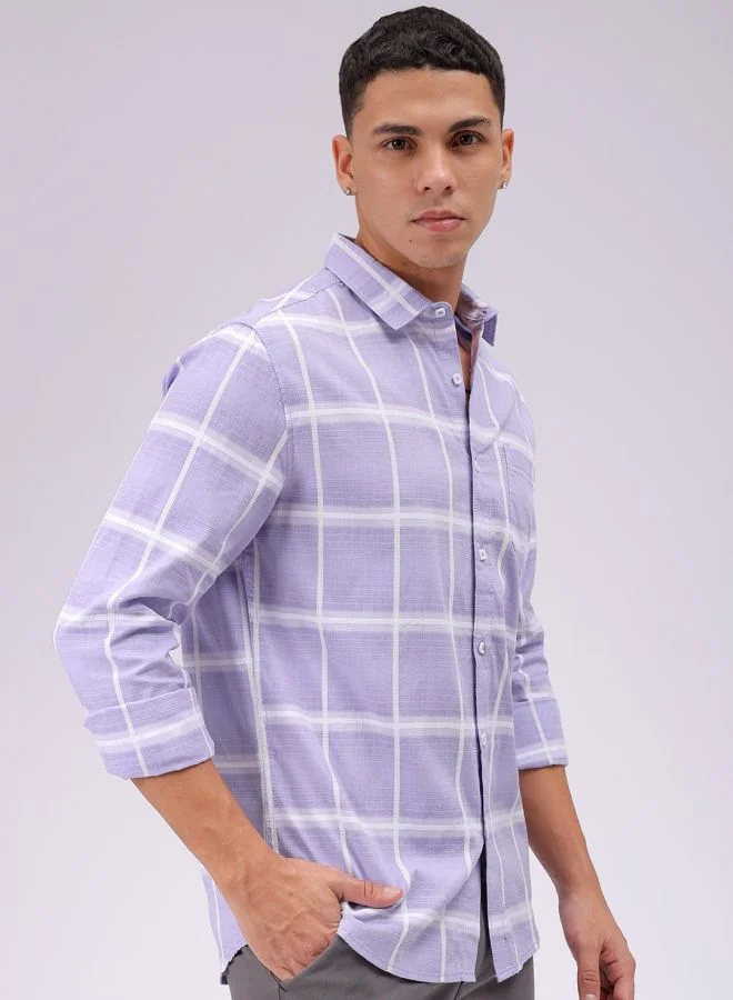 شركة المرآب الهندية Men Slim Fit Textured Checkered Full Sleeves Cutaway Collar Casual Shirt