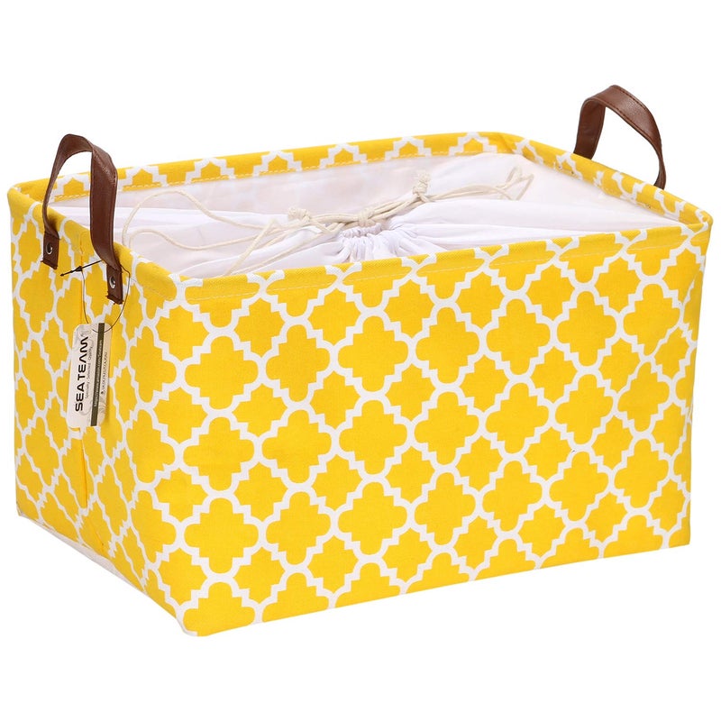 Sea Team Moroccan Pattern, Canvas Fabric Storage Basket, Collapsible Geometric Design, Storage Bin with Drawstring Cover and PU Leather Handles, 16.5 x 11.8 inches, Waterproof Inner, Yellow