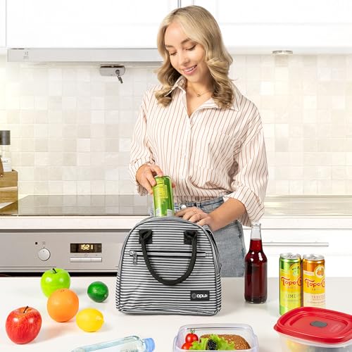 opux Insulated Lunch Box Women, Lunch Bag Tote Girls Kids Teen Adult, Cute Soft Lunch Cooler Container Work School, Reusable Thermal Food Meal Prep Organizer Pail Travel Beach, Black White Stripes - Image 4