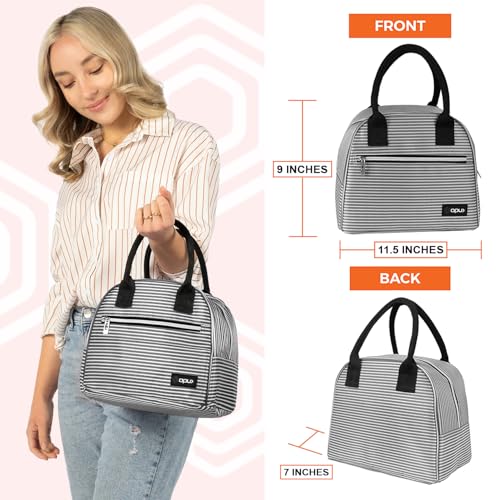 opux Insulated Lunch Box Women, Lunch Bag Tote Girls Kids Teen Adult, Cute Soft Lunch Cooler Container Work School, Reusable Thermal Food Meal Prep Organizer Pail Travel Beach, Black White Stripes - Image 3
