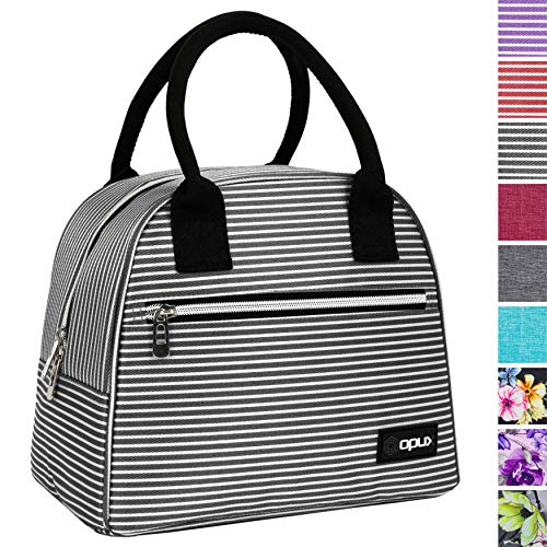 opux Insulated Lunch Box Women, Lunch Bag Tote Girls Kids Teen Adult, Cute Soft Lunch Cooler Container Work School, Reusable Thermal Food Meal Prep Organizer Pail Travel Beach, Black White Stripes - Image 1
