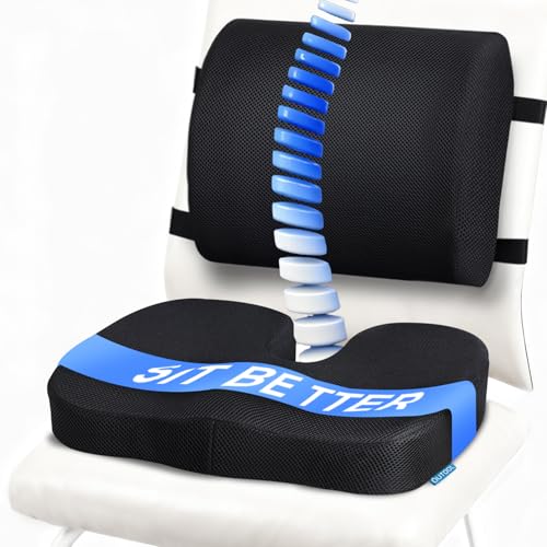 QUTOOL Seat Cushion & Lumbar Support Pillow for Office Chair, Car, Wheelchair Memory Foam Desk Chair Cushion for Sciatica, Lower Back & Tailbone Pain Relief Desk Pad with Adjustable Strap 3D Washable Cover - Image 1