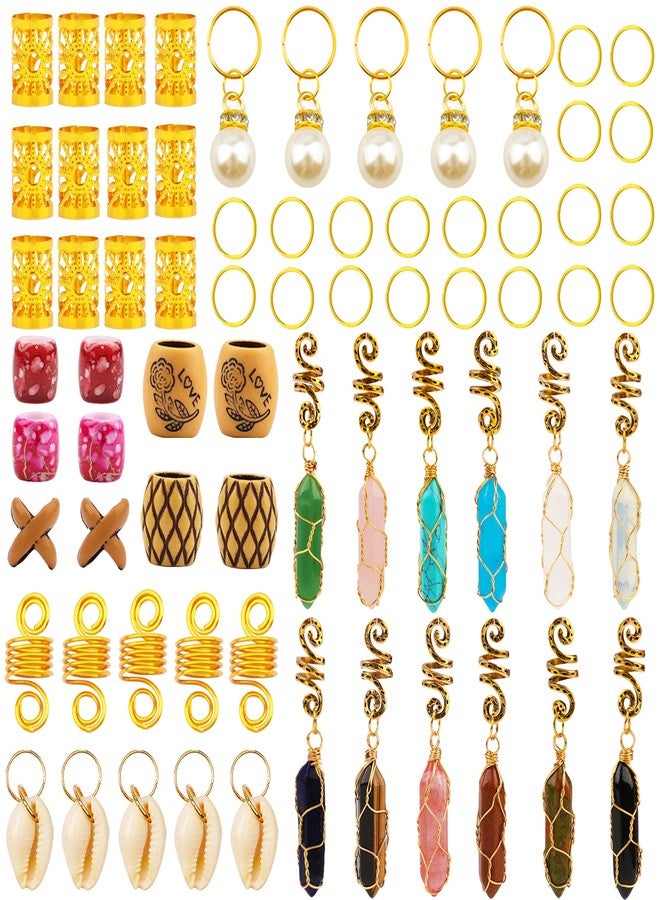 Messen 69 PCS Dreadlocks Jewelry Handemade Crystal Wire Wrapped Braids Hair Accessories Imitation Wood Beads Aluminum Hair Cuffs Coils Hair Rings Pearl Pendants for Hair Decoration (Gold) - Image 3