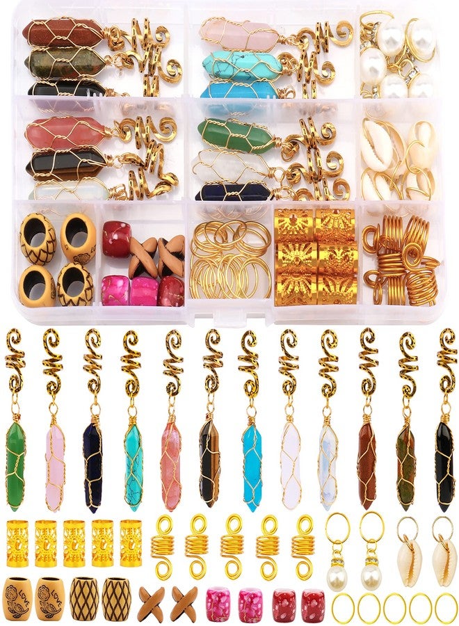 Messen 69 PCS Dreadlocks Jewelry Handemade Crystal Wire Wrapped Braids Hair Accessories Imitation Wood Beads Aluminum Hair Cuffs Coils Hair Rings Pearl Pendants for Hair Decoration (Gold) - Image 1