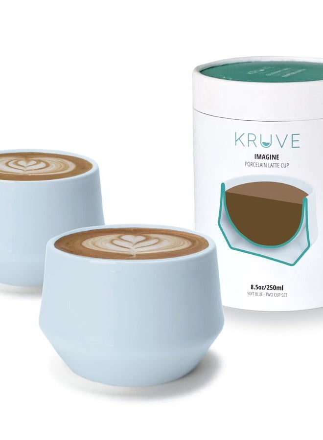 Kruve Imagine Porcelain Latte Coffee Cups, Double Walled Espresso Cups, Glass Cups Set of Two - 8.5oz Thermal Spherical Design for Latte Art, Insulated Coffee Mugs for Heat Retention (Blue) - Image 1