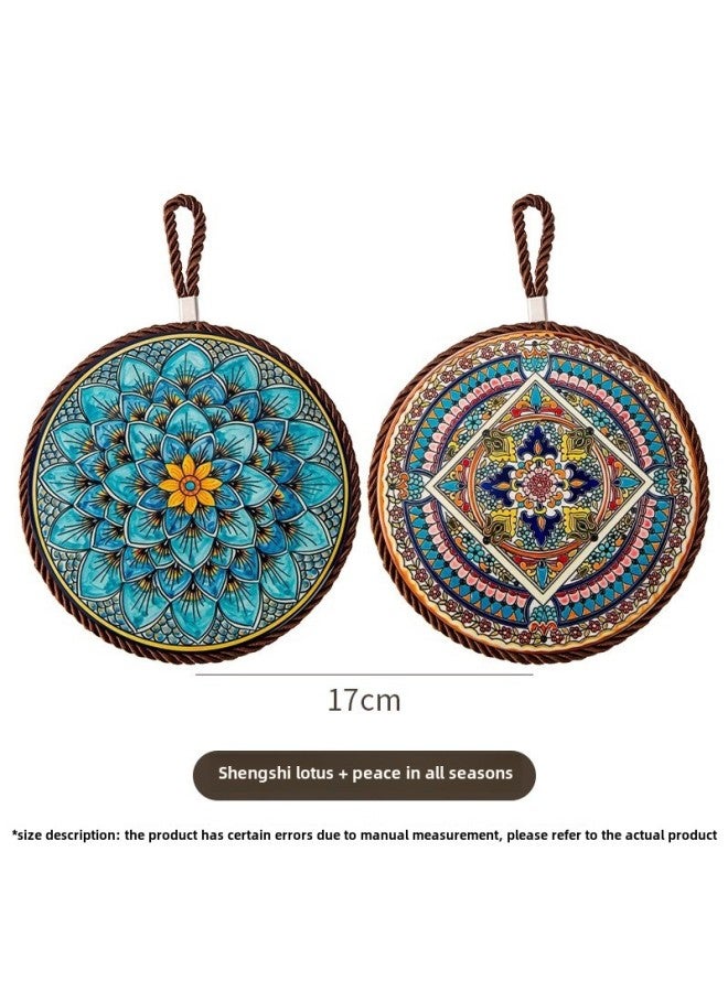Retro Heat Insulation Pad High Temperature Resistant Casserole Anti-scalding Pad Enamel Pot Cushion Ceramic New Chinese Style Non-slip Dining Table Plate Cushion-color:Shengshi Lotus + Peace In All Seasons  - Image 1