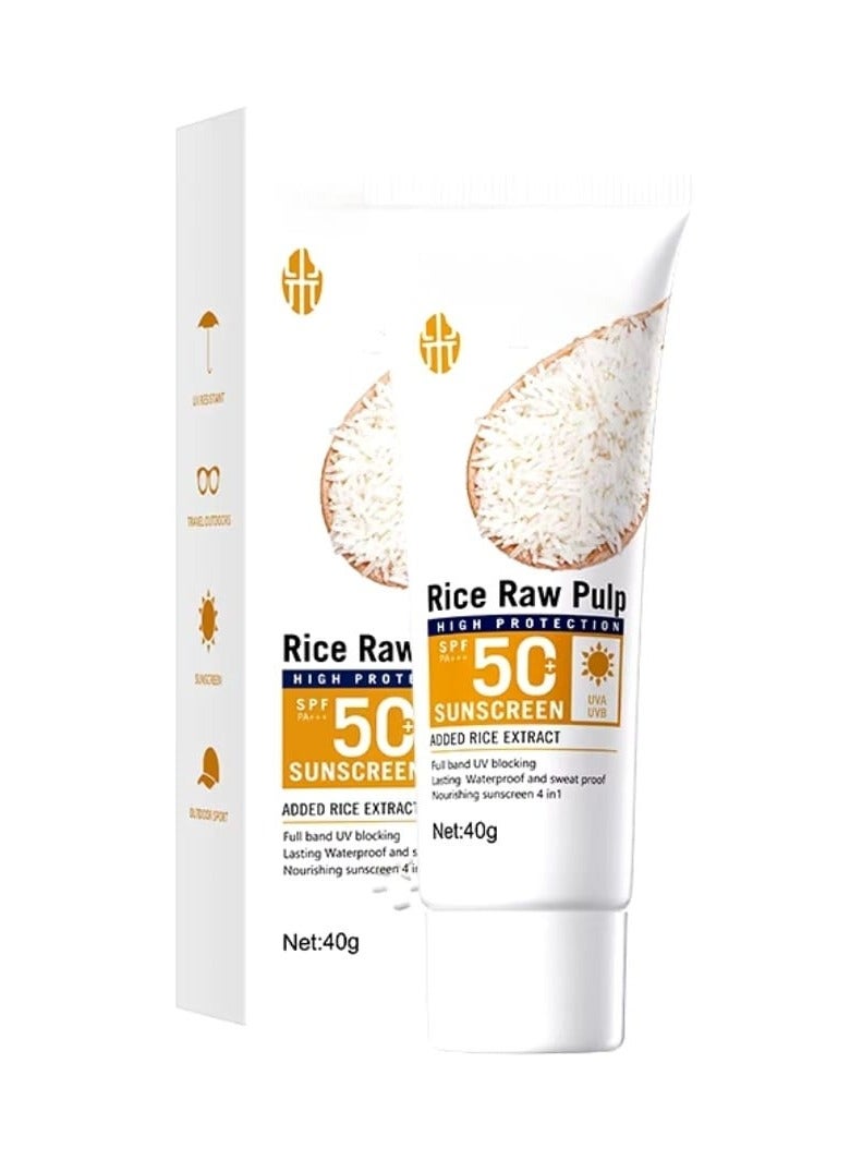 إم إي سي كريم واقي من الشمس من الأرز الخام بعامل حماية من الشمس 50 40 جرام، كريم واقي من الشمس للوجه والجسم، حماية من الأشعة فوق البنفسجية، تفتيح وترطيب لجميع أنواع البشرة - Image 1