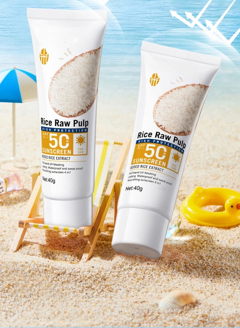 إم إي سي كريم واقي من الشمس من الأرز الخام بعامل حماية من الشمس 50 40 جرام، كريم واقي من الشمس للوجه والجسم، حماية من الأشعة فوق البنفسجية، تفتيح وترطيب لجميع أنواع البشرة - Image 2