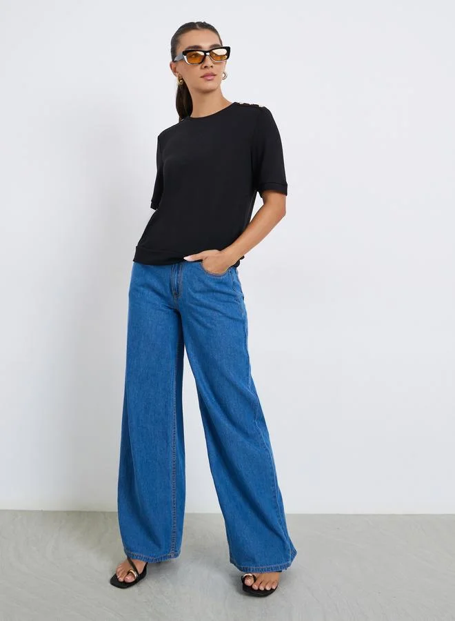 Styli Women Black Knit T-Shirt with Shoulder Button