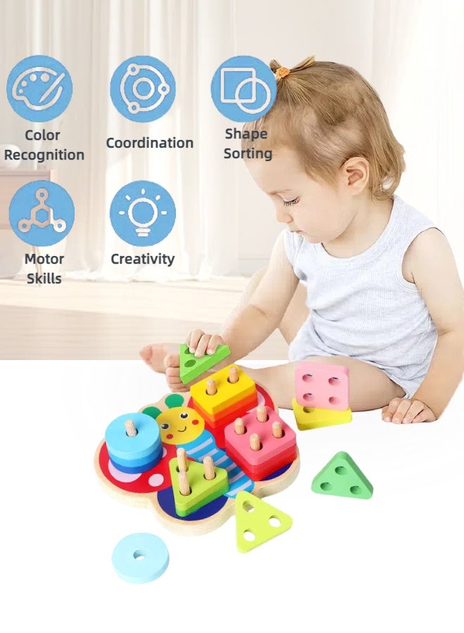 LUMOZ Montessori Toys For 1 to 3-Year-Old Boys Girls Toddlers, Wooden Sorting And Stacking Toys For Toddlers And Kids Preschool, Educational Toys, Color Recognition Stacker Shape Sorter, Learning Puzzles Gift - Image 2
