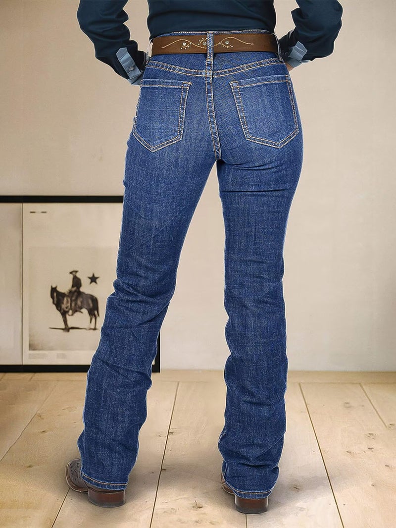 Flamingals High Waist Bootcut Jeans for Women Vintage Stitch Detail Casual Skinny Denim Pants Without Belt Dark Blue L - Image 2
