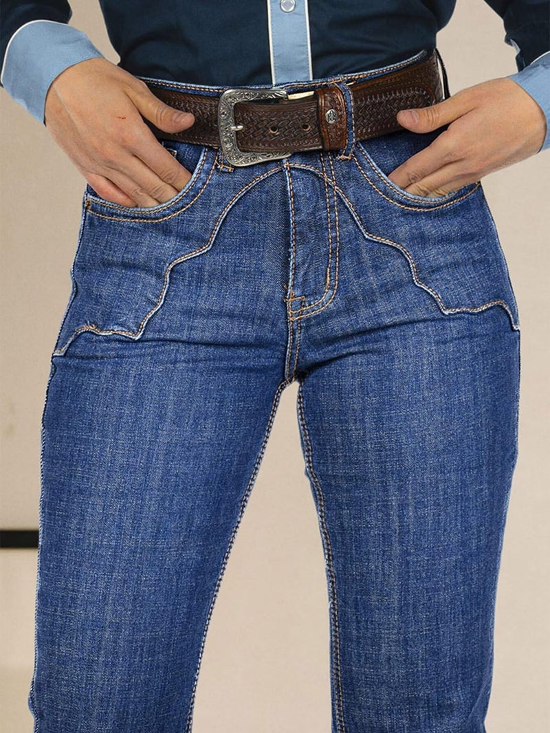 Flamingals High Waist Bootcut Jeans for Women Vintage Stitch Detail Casual Skinny Denim Pants Without Belt Dark Blue L - Image 3