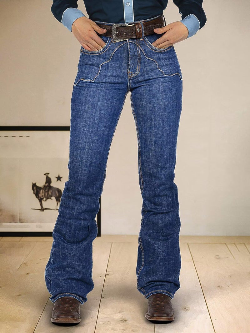 Flamingals High Waist Bootcut Jeans for Women Vintage Stitch Detail Casual Skinny Denim Pants Without Belt Dark Blue L - Image 4