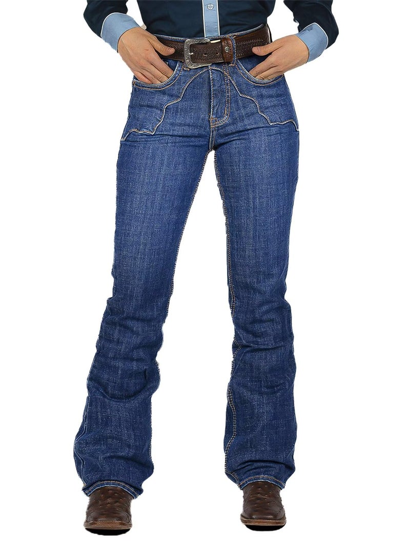 Flamingals High Waist Bootcut Jeans for Women Vintage Stitch Detail Casual Skinny Denim Pants Without Belt Dark Blue L - Image 1