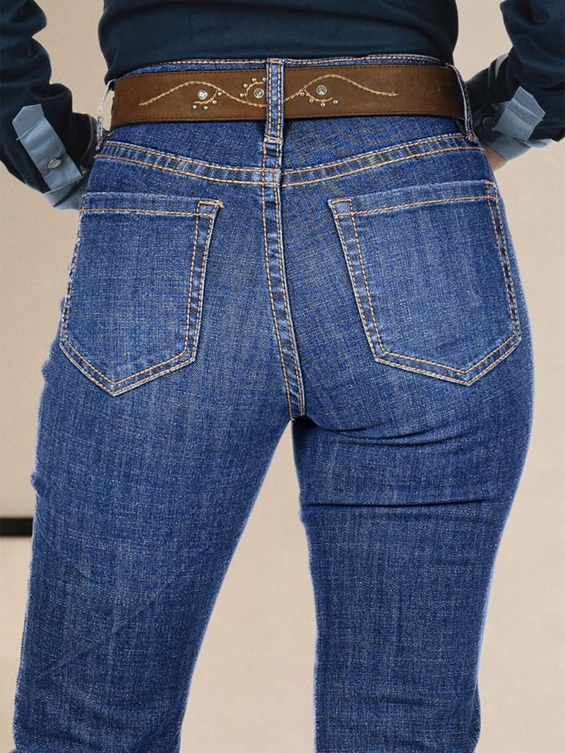 Flamingals High Waist Bootcut Jeans for Women Vintage Stitch Detail Casual Skinny Denim Pants Without Belt Dark Blue L - Image 5