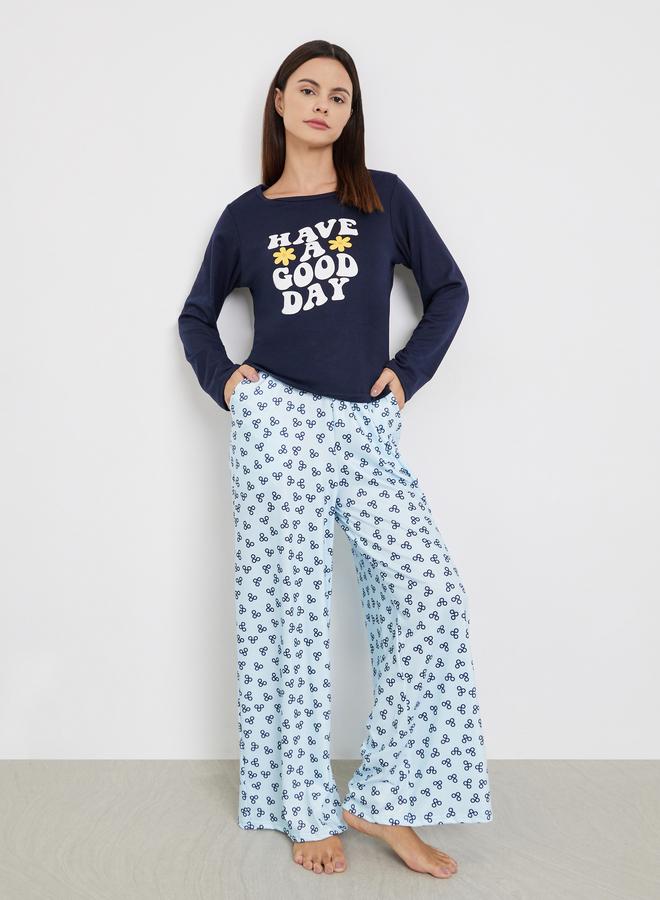 Styli Graphic Print T-Shirt and Long Pyjama Set - Image 1