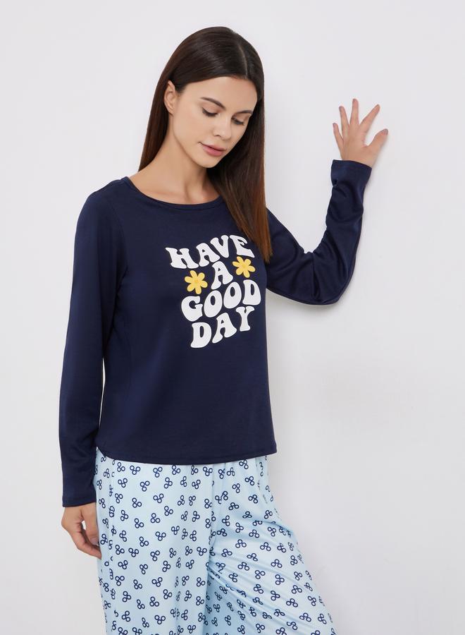 Styli Graphic Print T-Shirt and Long Pyjama Set - Image 2