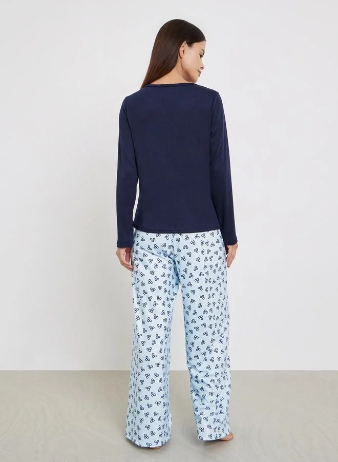 Styli Graphic Print T-Shirt and Long Pyjama Set