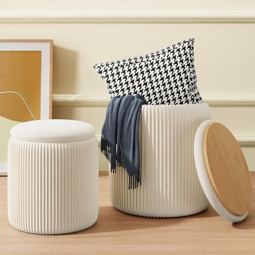 Recximi Round Ottoman with Storage Set of 2, White Vanity Stool, Upholstered Velvet Storage Ottomans, Makeup Chair Seat for Bedroom, Small Pouf Footstool for Living Room - Image 1