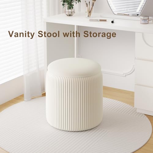 Recximi Round Ottoman with Storage Set of 2, White Vanity Stool, Upholstered Velvet Storage Ottomans, Makeup Chair Seat for Bedroom, Small Pouf Footstool for Living Room - Image 3