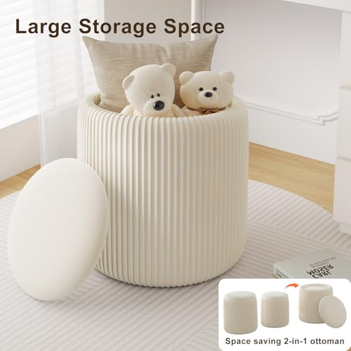 Recximi Round Ottoman with Storage Set of 2, White Vanity Stool, Upholstered Velvet Storage Ottomans, Makeup Chair Seat for Bedroom, Small Pouf Footstool for Living Room - Image 4